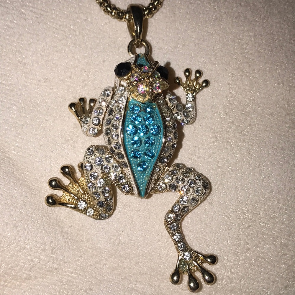 Vintage Gold Frog Pendant Necklace with Blue and Clear Crystals